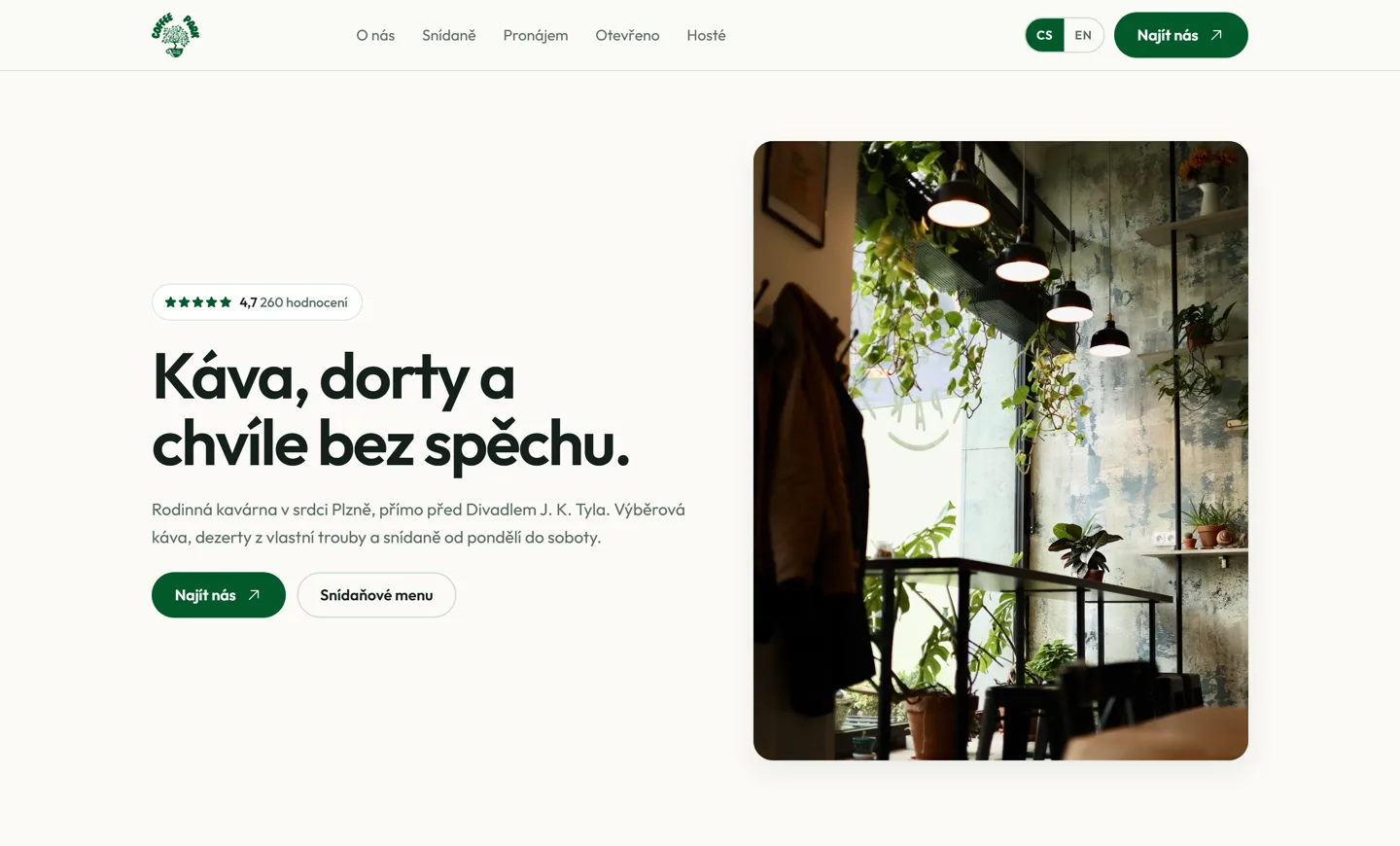 Home page of the Coffee Park café website in Plzeň
